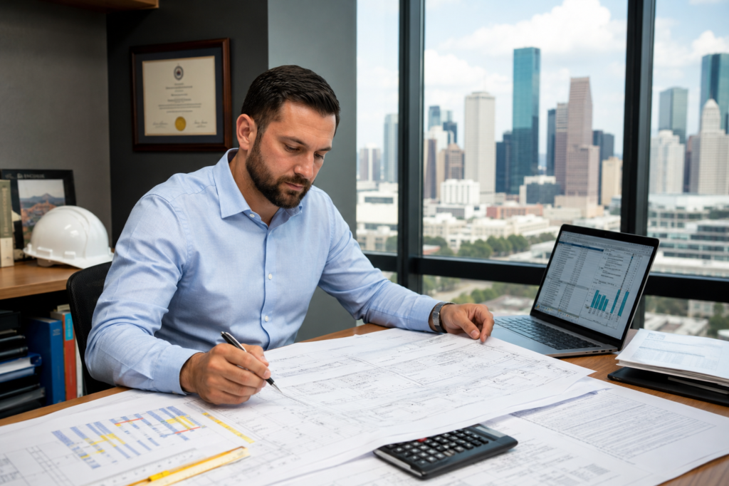 Houston construction estimating services professional reviewing blueprints and project costs in office